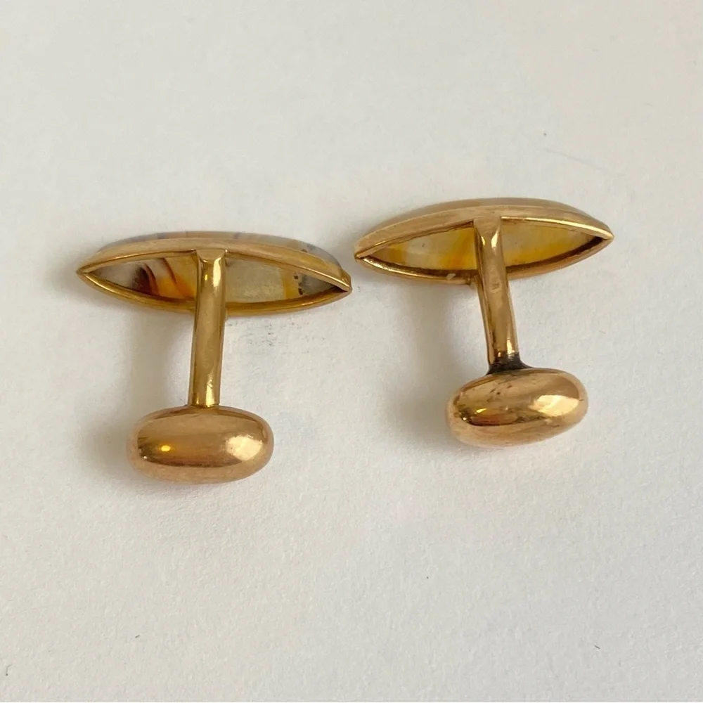 Art Deco‎ 10K Gold Agate Cufflinks Marquis Cut Mens Antique Vintage 40s 50s